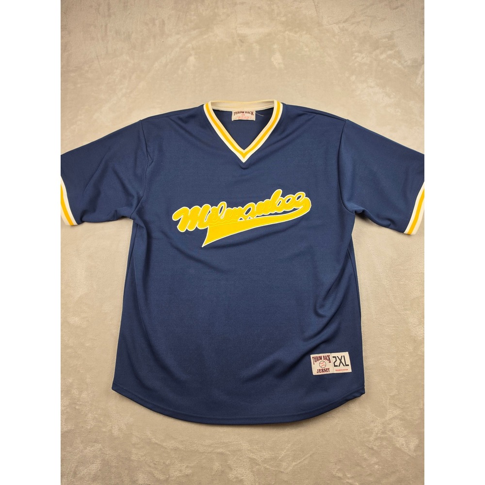 Nu Gear Throw Back Jersey‎ Mens 2XL Blue Milwaukee Baseball V-Neck *Read